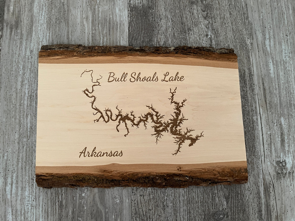 Bull Shoals Lake, Arkansas - Laser Engraved Live Edge Basswood 11"