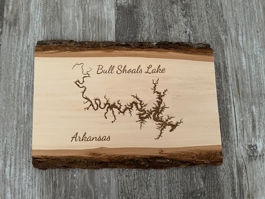 Bull Shoals Lake, Arkansas - Laser Engraved Live Edge Basswood 11"