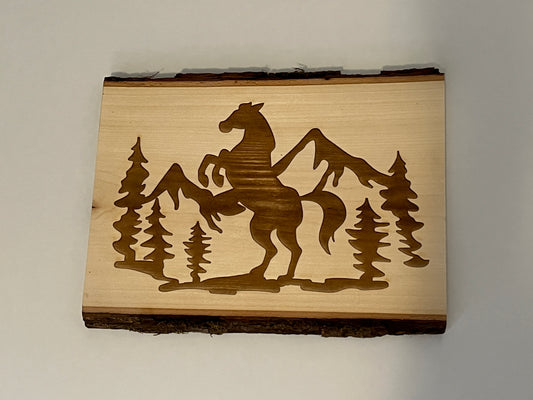 Horse and Mountains - Laser Engraved Live Edge Basswood 13"